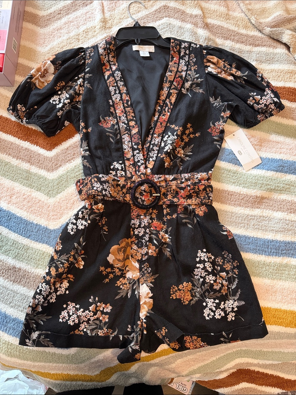 Caroline Constas Black Floral Belted Romper